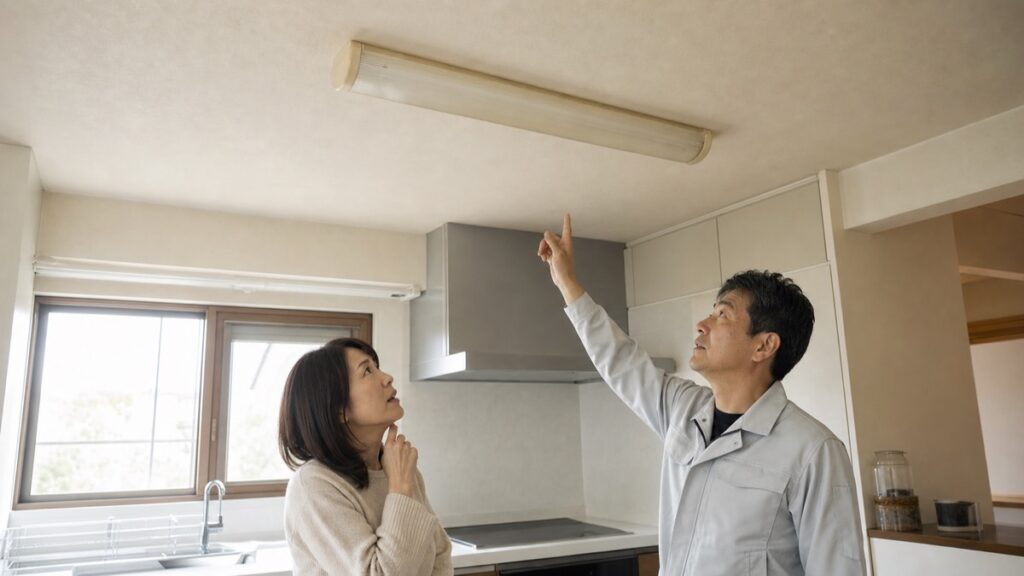 キッチンの天井照明交換について古い蛍光灯を見ながら相談する住人と電気工事士