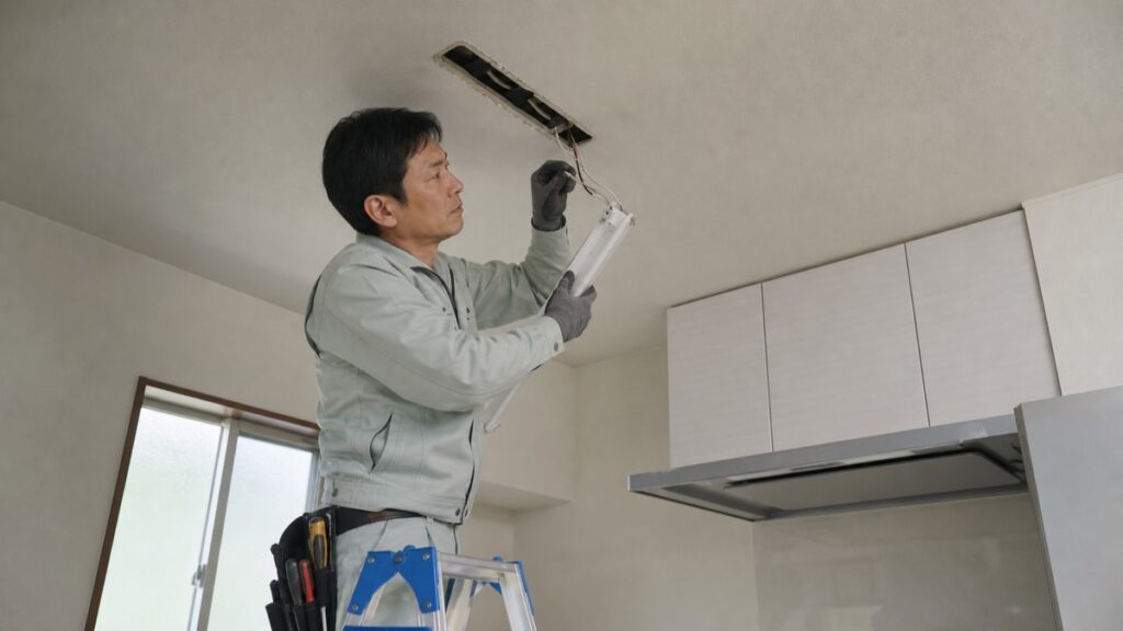 キッチンの天井照明交換で直付け器具の配線作業を行う日本人電気工事士