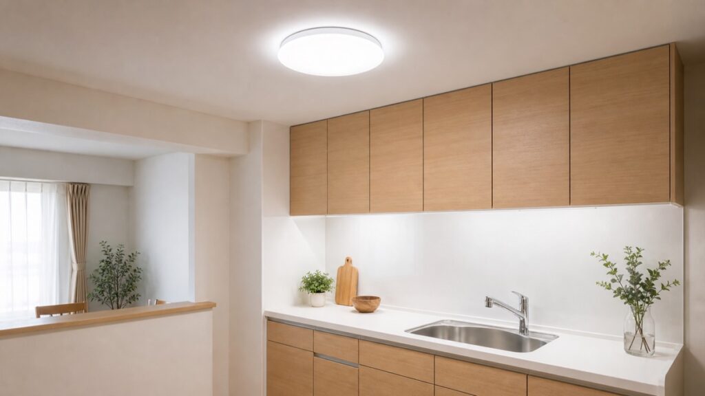 キッチンの天井照明交換後に薄型LEDで明るく照らされた木目調の室内