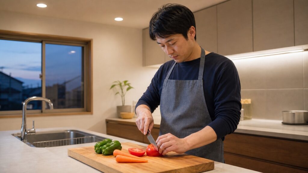 天井のダウンライトと棚下灯の下で、色鮮やかな野菜を調理する男性。