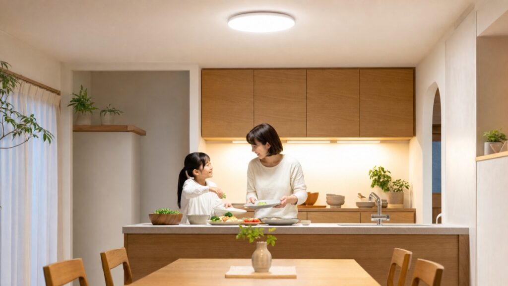 LED照明で明るくなったキッチンで、母娘が一緒に夕食を盛り付ける生活場面。
