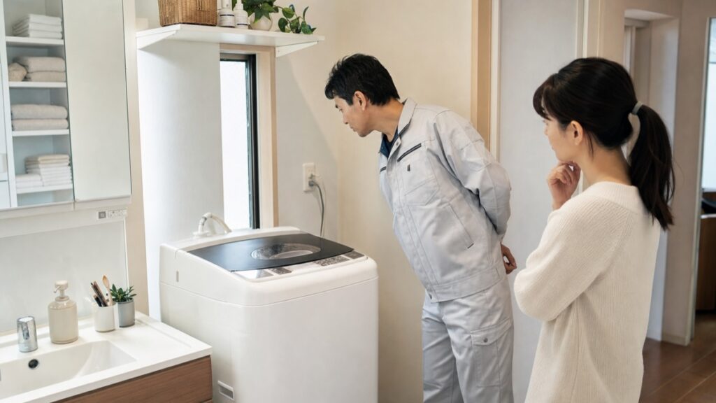 洗濯機の漏電について住人と洗面所を確認する日本人電気工事士