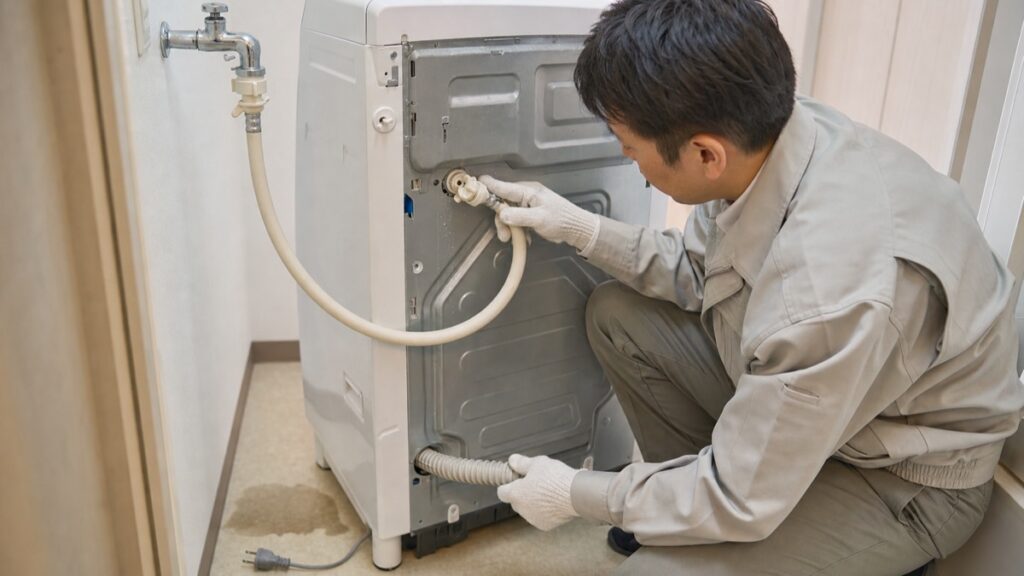 洗濯機の漏電原因を確認するため給水・排水ホースを点検する電気工事士