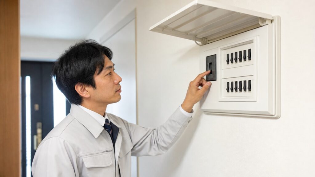 洗濯機の漏電回路を調べるため住宅用分電盤を確認する電気工事士