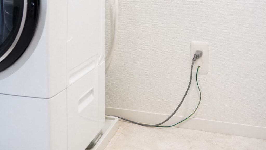 洗濯機の漏電対策としてアース線を端子へ接続した壁コンセント