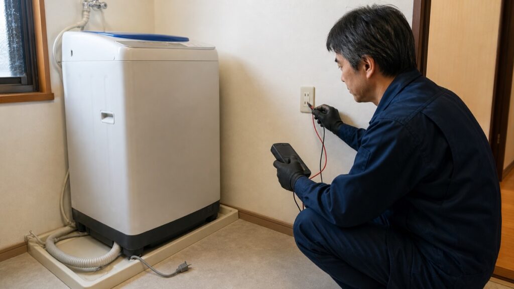 洗濯機のプラグを抜き、測定器で壁コンセント側を調査する電気工事士。