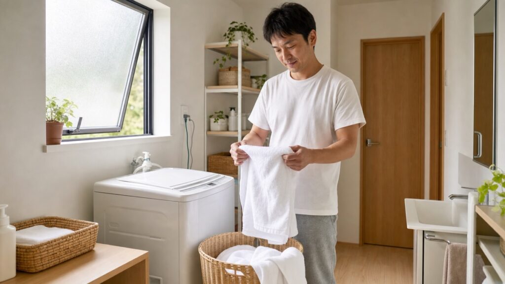 洗濯機の漏電対策を終えた明るい洗面所でタオルをたたむ男性