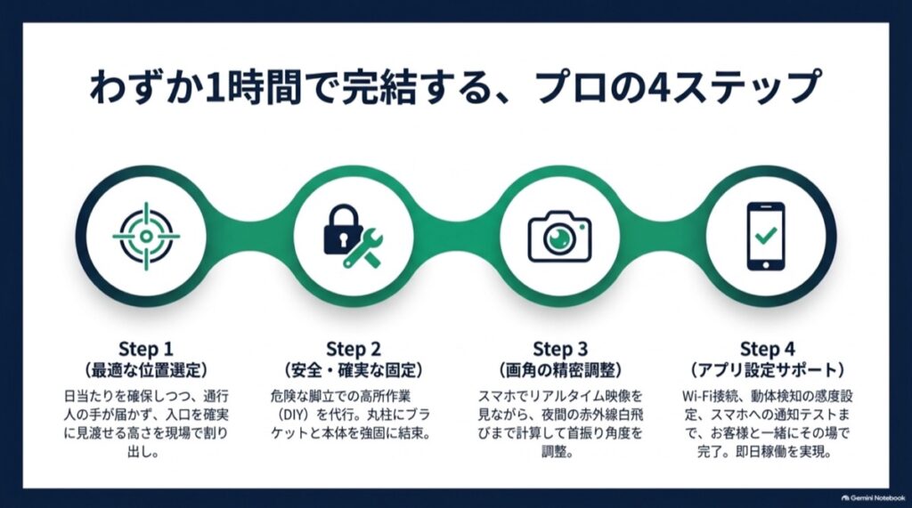 最適な位置選定、安全・確実な固定、画角の精密調整、アプリ設定サポートの4工程を示すターゲットアイコン。