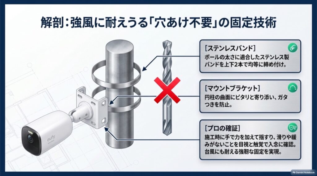 円柱ポールに上下2本のステンレスバンドでマウントブラケットを均等に締め付けて固定する仕組みと、ドリルによる穴あけが不要であることを示す図解。