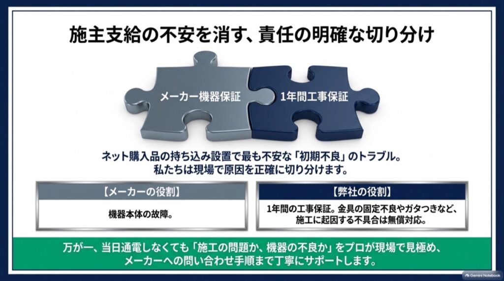「メーカー機器保証」と「1年間工事保証」と書かれた2つのパズルピースが組み合わさったイメージ図。