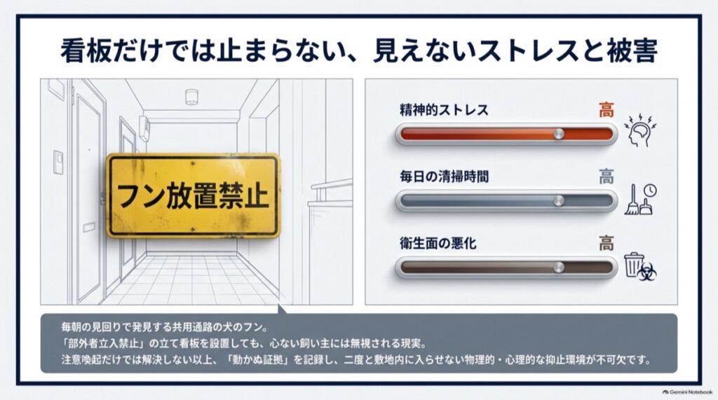 精神的ストレス、毎日の清掃時間、衛生面の悪化を示す3つの高いゲージと、「フン放置禁止」の黄色い看板のイラスト。