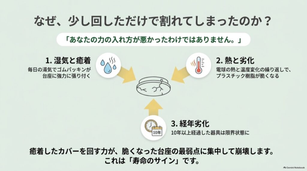 湿気によるパッキンの固着、熱による劣化、経年劣化で浴室照明が割れる仕組み