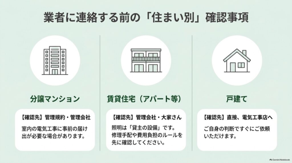 分譲マンション、賃貸住宅、戸建てで浴室照明修理を依頼する前に確認する連絡先