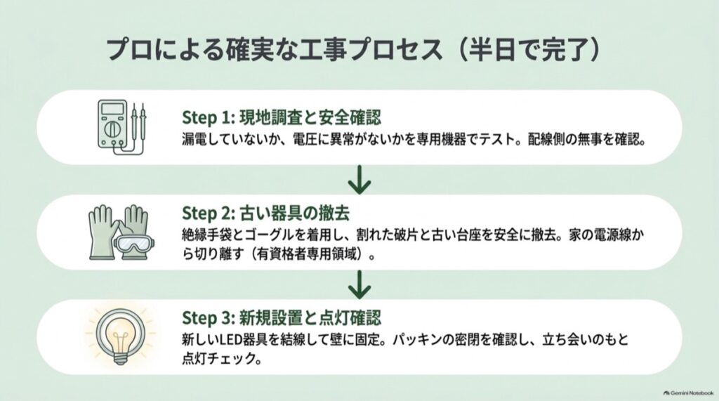 現場調査と安全確認、古い照明器具の撤去、新しいLED浴室灯の設置と点灯確認の流れ