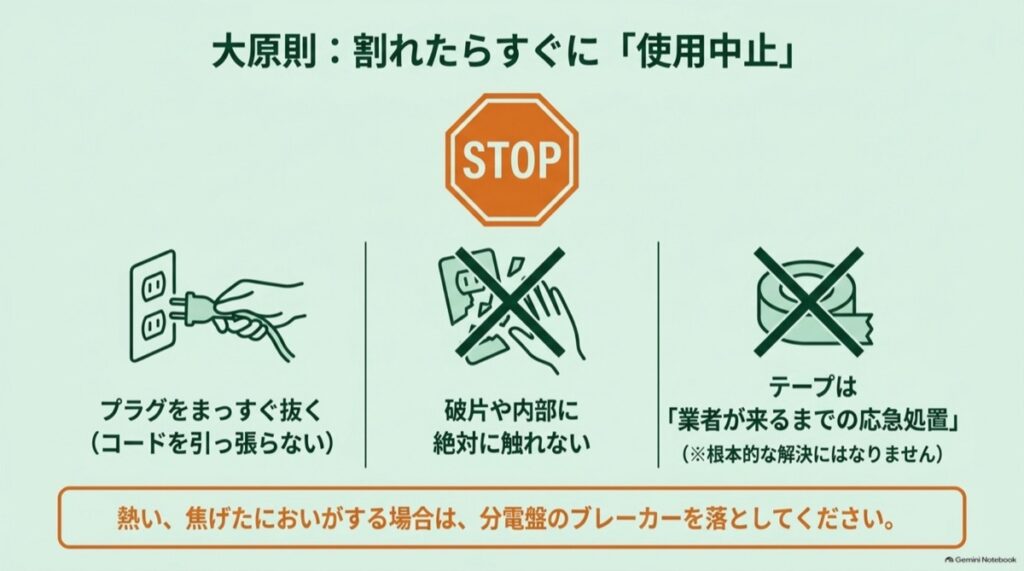 割れたコンセントは使用を中止し、プラグを抜いて破片に触れず、異常時はブレーカーを切る応急対応