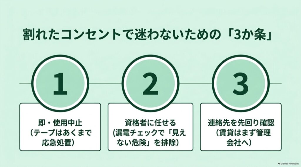 割れたコンセントは使用中止、資格者へ交換と点検を依頼、費用や連絡先を確認する3つのポイント