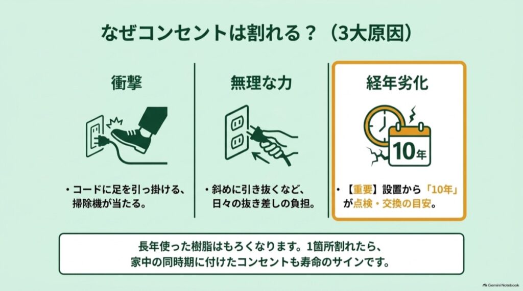 コンセントが割れる主な原因である衝撃、無理な抜き差し、経年劣化と設置後10年の点検目安