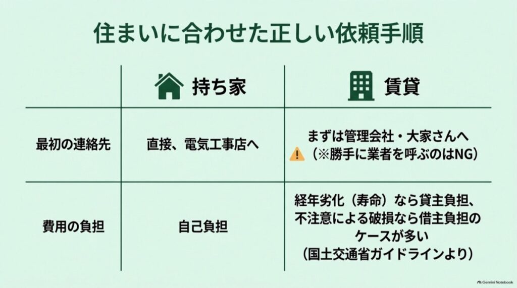 持ち家は電気工事店へ直接依頼し、賃貸は先に管理会社や大家へ連絡するコンセント修理の依頼手順